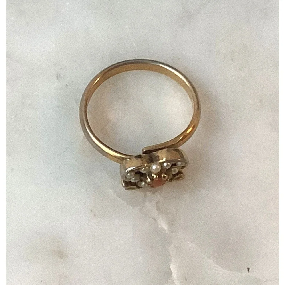 Vintage Ring Gold Tone Simulated Pearl Ribbon Bow Adjustable Size 6.5 or Larger